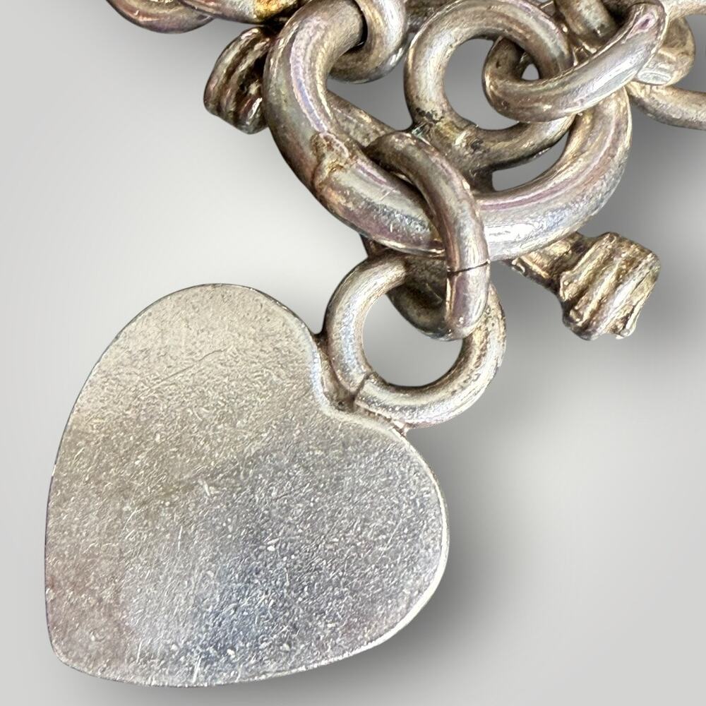 Solid Sterling Silver 925 Toggle Front Clasp Bald Heart Charm Bracelet 34.2g - Picture 4 of 6